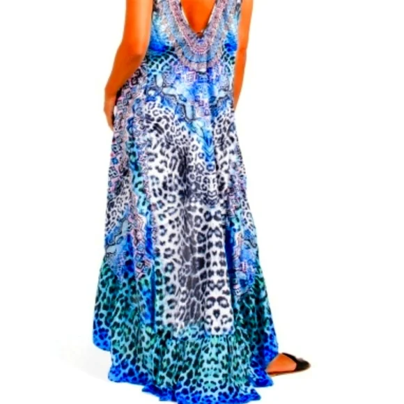 TRUE COLOURS By La Moda Blue Cat Vibrant HiLo Maxi Resort Dress Coverup NWT - Picture 3 of 10